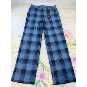 DG2 Diane Gilman Blue Plaid Wide Leg Pants Navy Buffalo Check Trousers Size 10